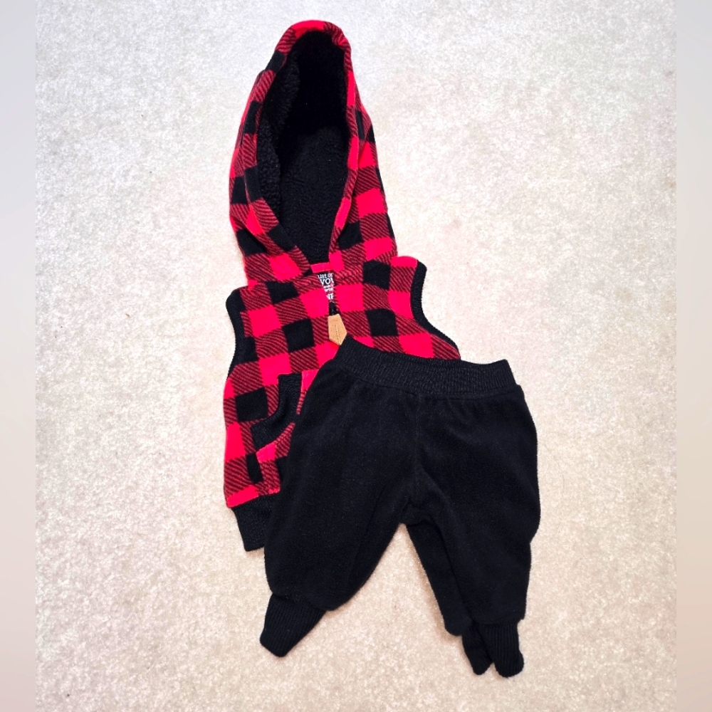 Carter's Just One You NB  Plaid Fleece Hooded Vest with Black Pants